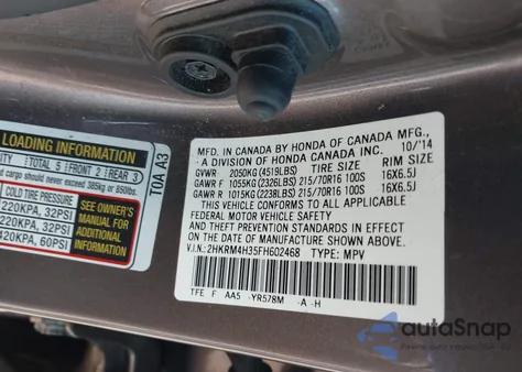 2015 Honda Cr-V Lx из США, поврежденный, VIN 2HKRM4H35FH602468